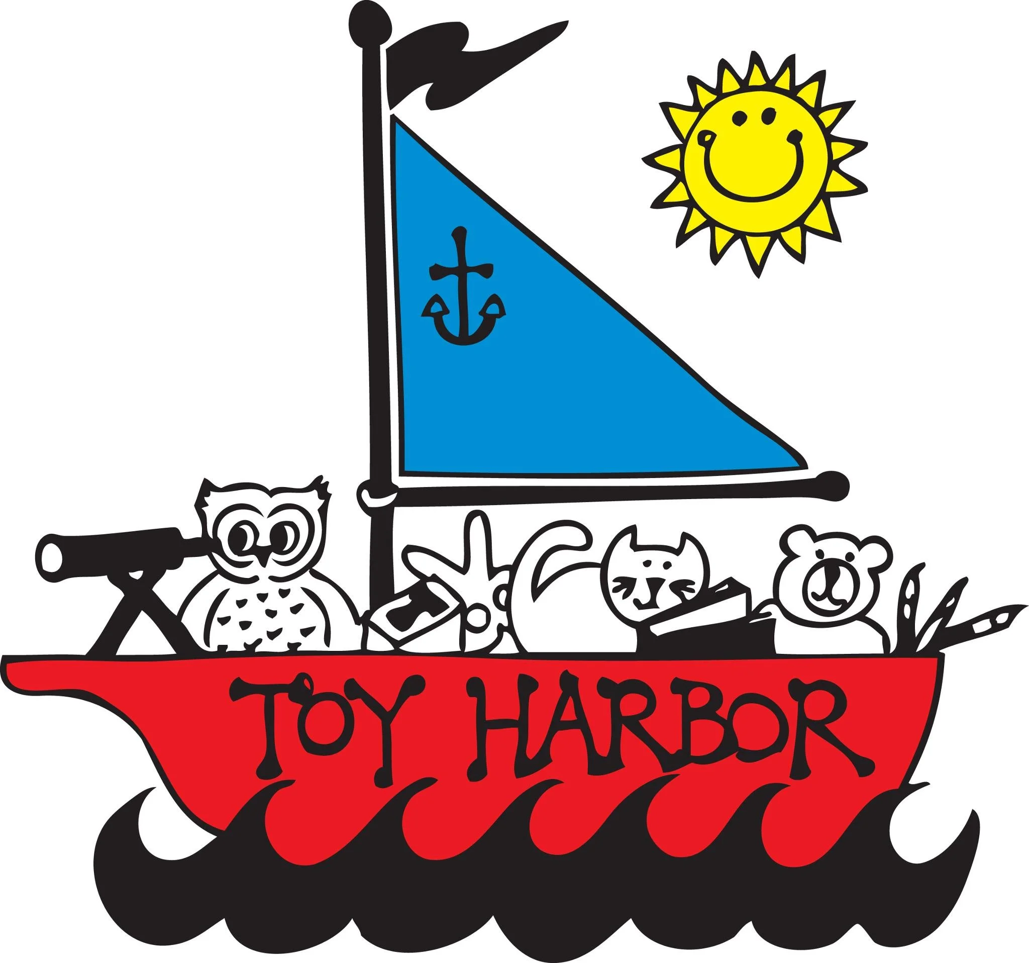 Toy Harbor Logo - An illustration of a red boat with a blue sail that is sailed by an owl, a cat, a bear, and a few other animals.  There is also a yellow sun, as well as a black telescope and waves with the words toy harbor on the boat