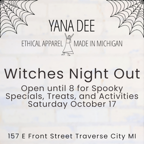 White logo with black text that reads YANA DEE Ethical Apparel Made in Michigan with the information to the right of the image included It has spider webs in the upper corners and an illustration of a woman in a dress with her arms up