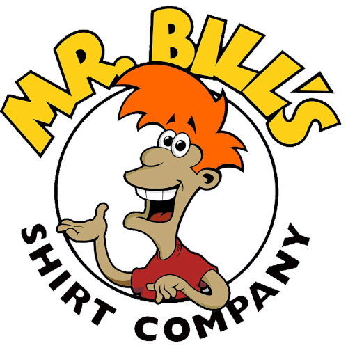 The Mr. Bill's Logo has an illustrated person in a red shirt and orange hair. The words say "Mr. Bill's" in yellow, and "Shirt Company" in black