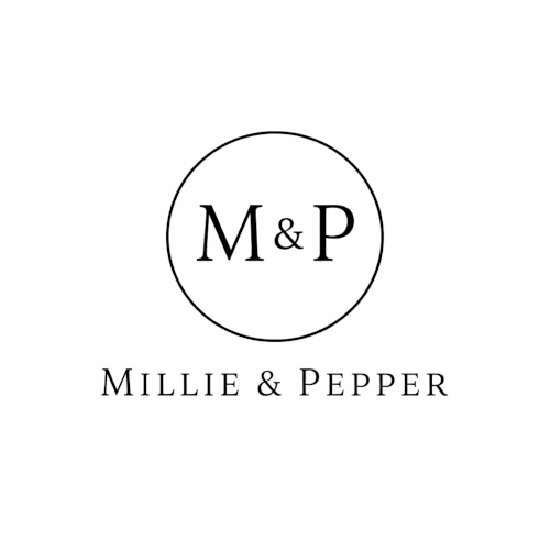 Black text on a white background, a Circle with M & P in it, and Millie and Pepper written below