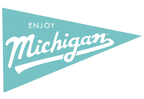 The Enjoy Michigan logo is a light blue triangular flag with the words "Enjoy Michigan" in white text