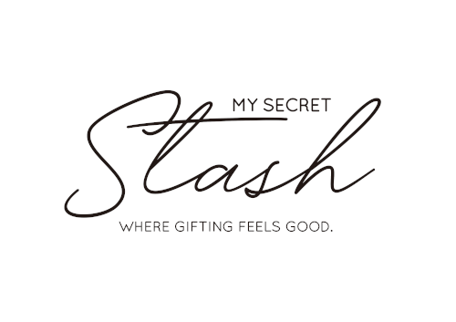 White logo with black text saying "My Secret Stash, Where gifting feels good." The word "Stash" is in a cursive like script