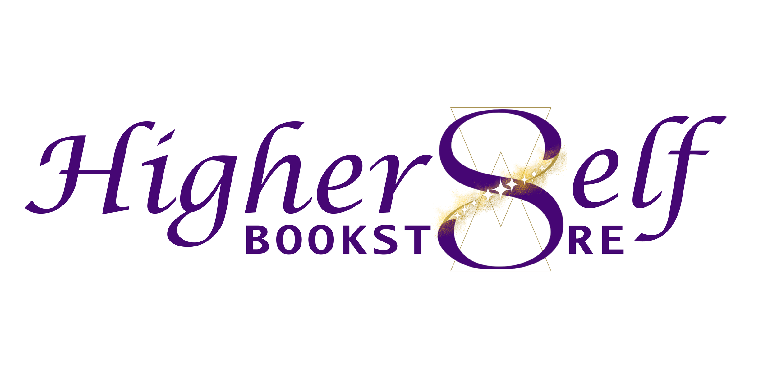 Higher Self Bookstore Logo - Purple text reading Higher Self Bookstore with the S using sparkles to infer an infinite symbol and a sacred geometry shape