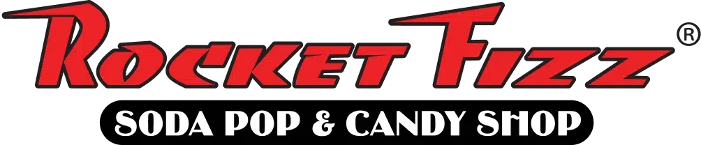 Wordmark: Rocket Fizz (in Red) Soda Pop & Candy Shop in white with black border.
