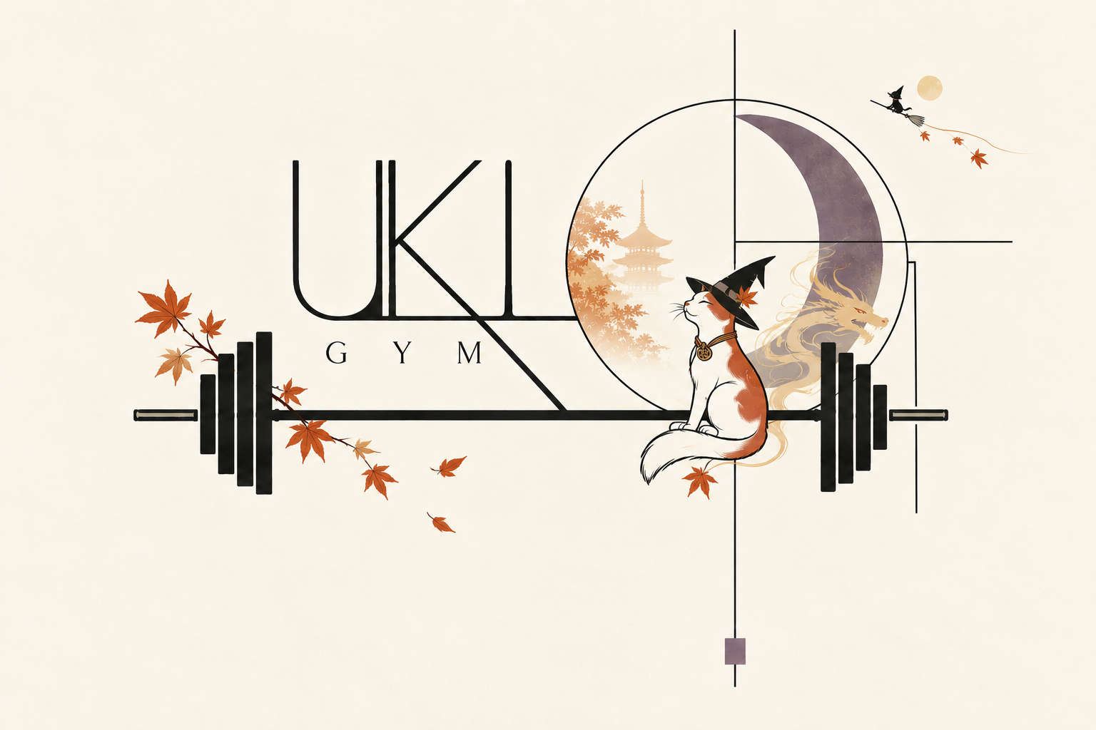 UKI Gym Logo customized to have a cat in a witches hat sitting with a barbell, the crescent moon and some maple leaves