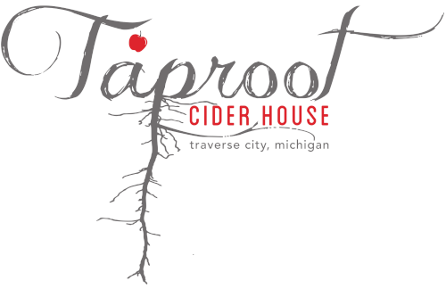 White Logo with Black and Red text that reads Taproot Cider House. The T on the taproot looks like it has roots growing downward