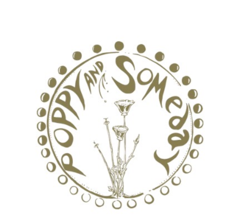 The Poppy and Someday logo with a circle of the moon phases and a flower growing in a green-gold font