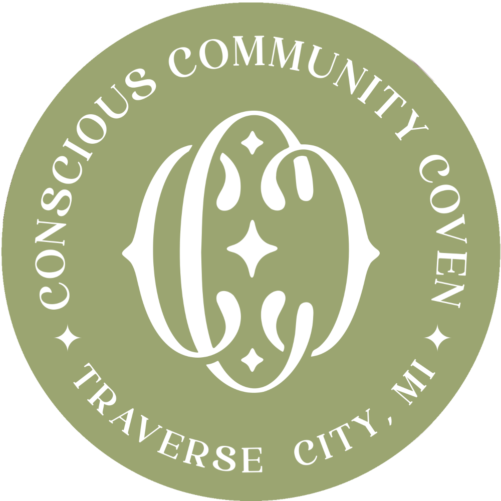 The Conscious Community Coven Logo is a symbol made from 3 stylized Letter C's and 3 symbols that are a cross between a diamond and star. This has the text around the circle image that says "Conscious Community Coven" and "Traverse City, MI"