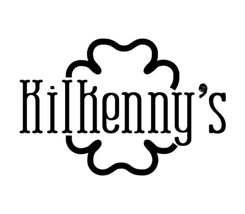 Black text that says Kilkenny's on an illustration that looks like a four-leaf clover on a white background