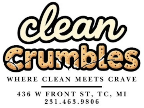 The logo says "clean crumbles where clean meets crave" and the business address. The word crumbles looks like a cookie crumbling