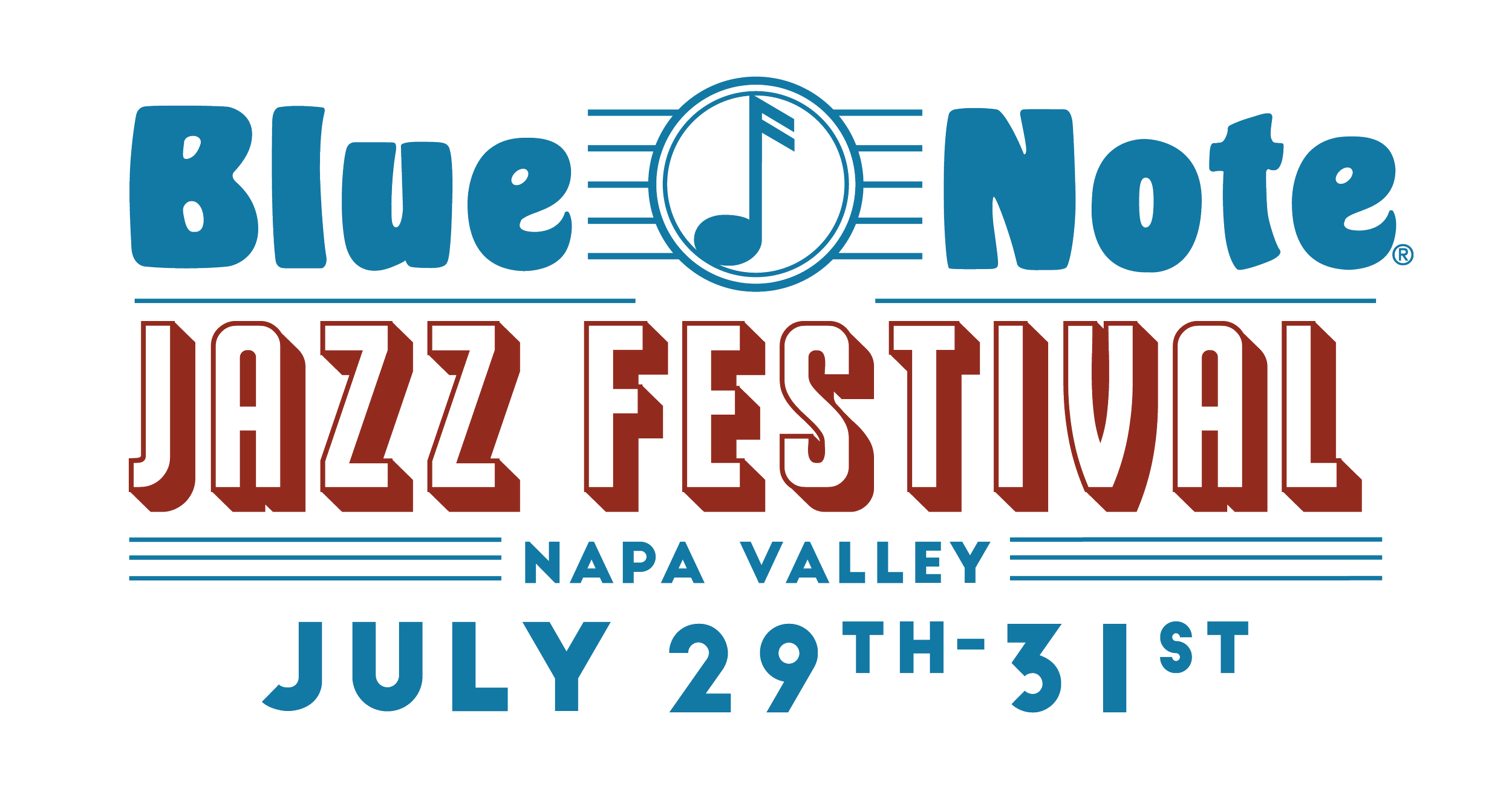 Blue Note Jazz Festival Napa Valley event logo with dates July 29th-31st, 2023, in blue and red text.
