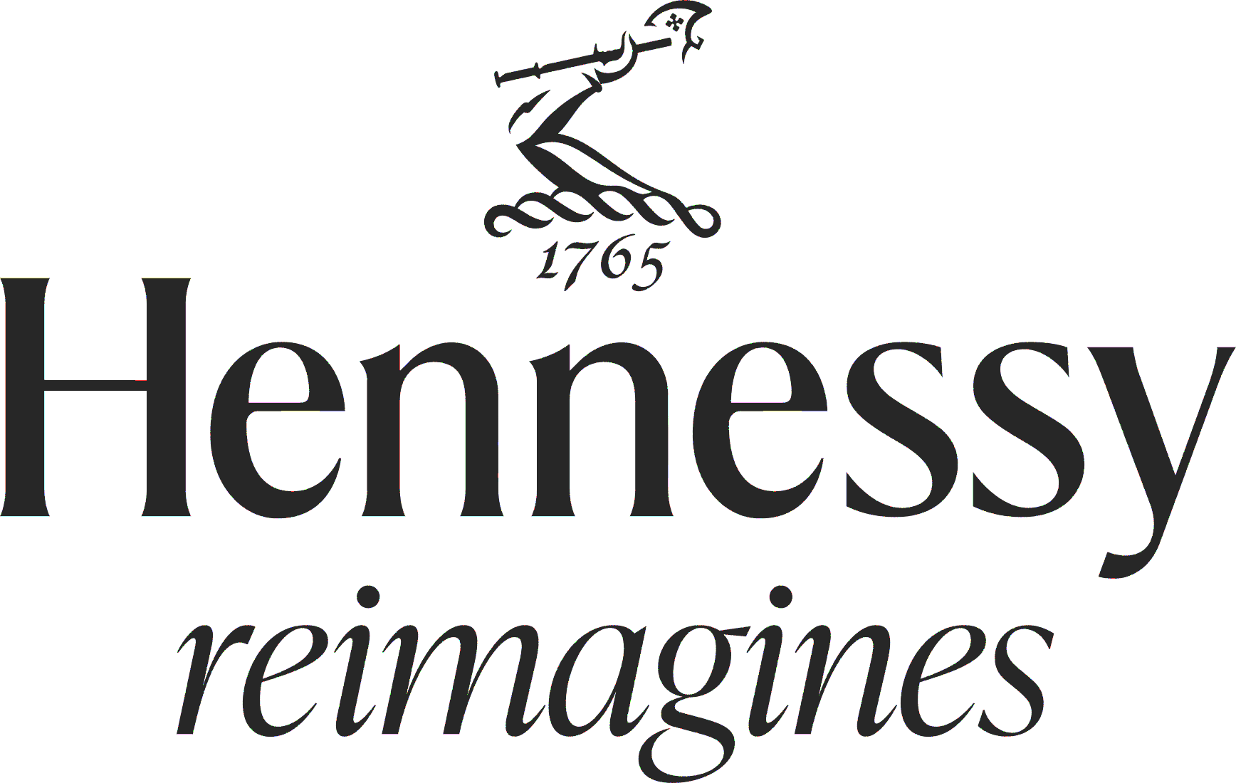 The logo of Hennessy, a French cognac brand, featuring a stylized crest with a cane, the year 1765, and the word "Hennessy" with the tagline "reimagines" underneath.
