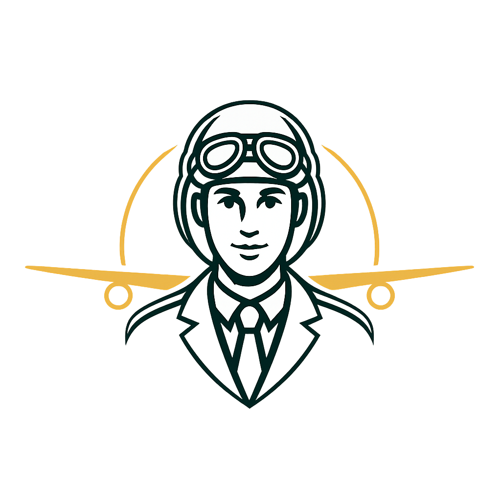 A stylized illustration of a pilot wearing a suit and helmet with goggles, with a glowing yellow airplane behind them.