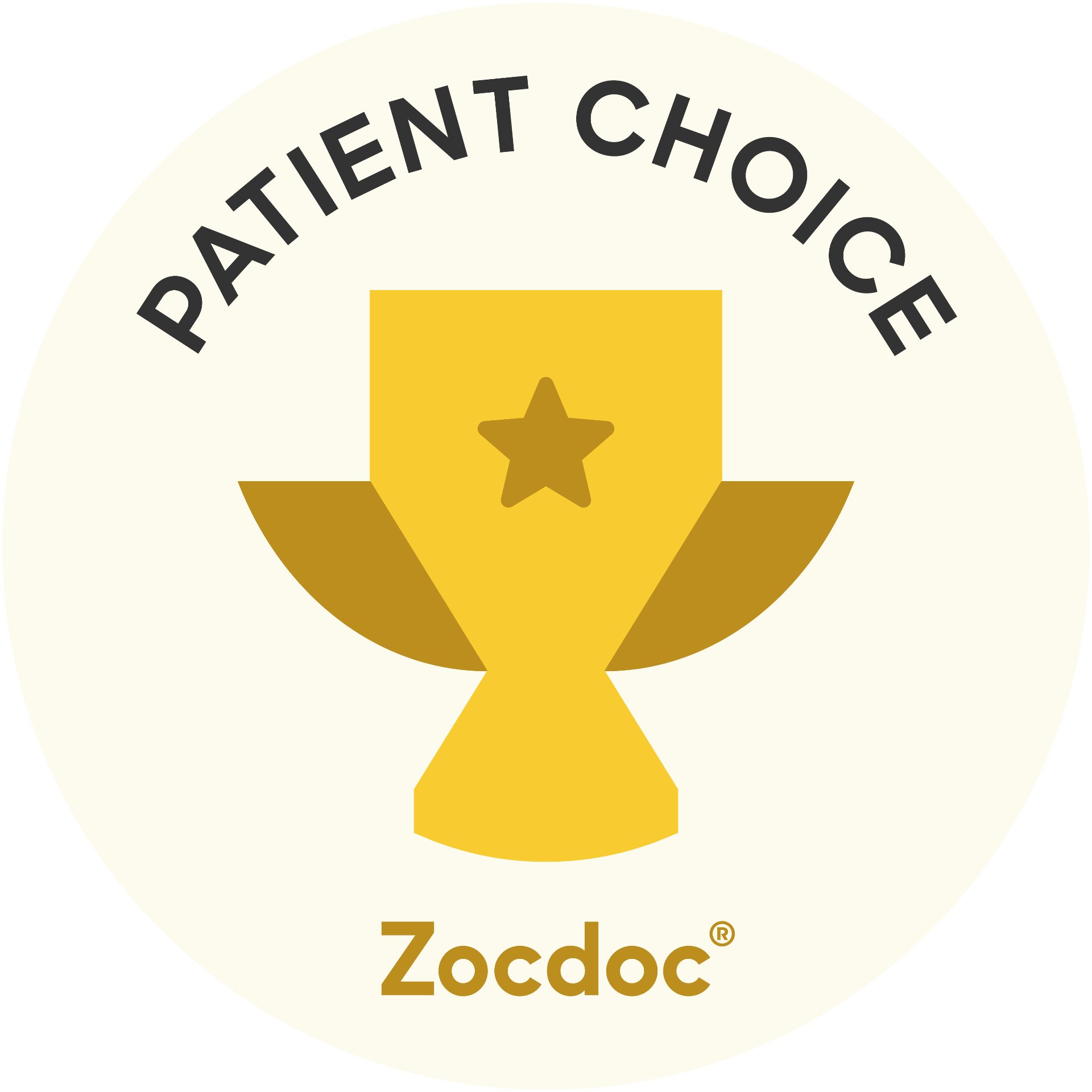 Close-up of a badge with a gold star in the center, black text around the star reading "PATIENT CHOICE," and the word "Zocdoc" at the bottom.