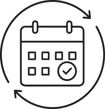 Simple black and white icon of a calendar with circular arrows around it.
