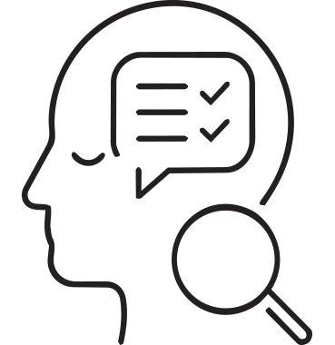 Outline of a human head with a speech bubble containing checkmarks and lines of text inside.