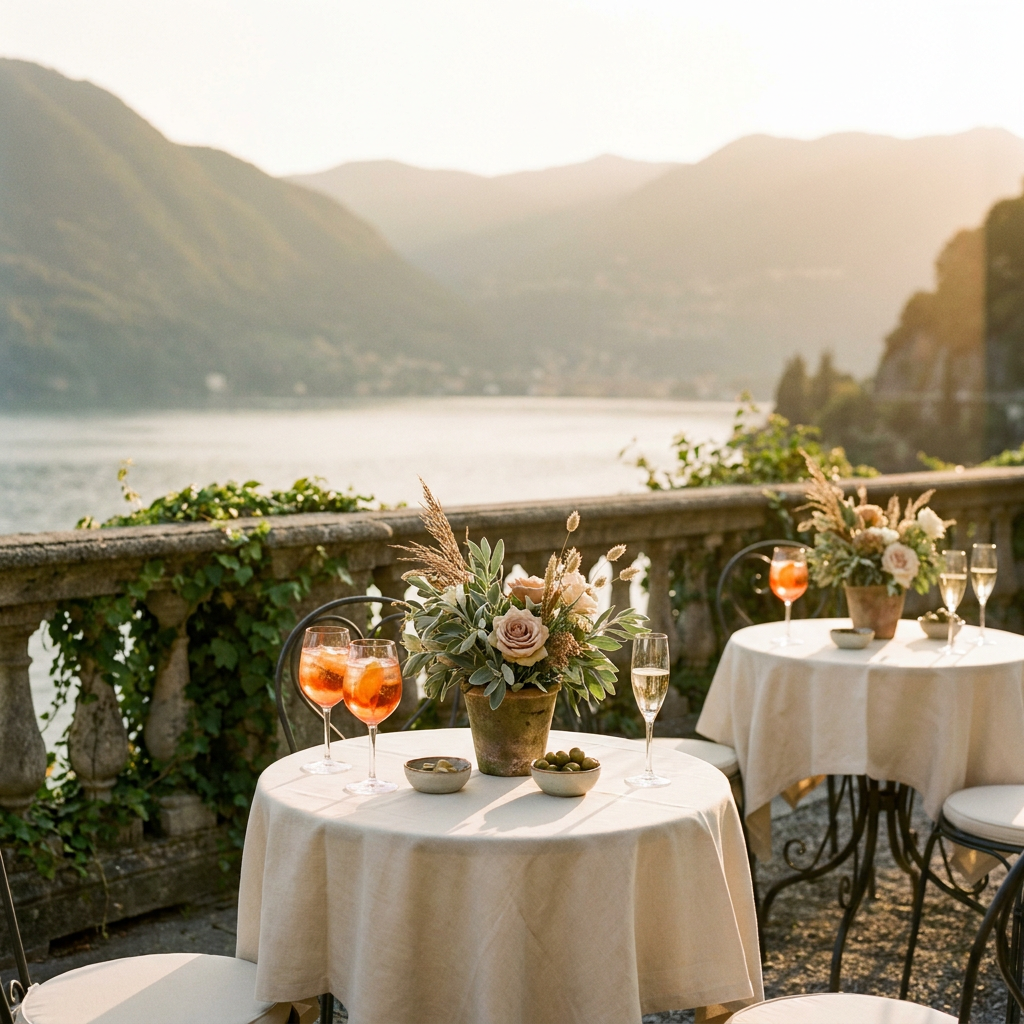 Aperitif terrace overlooking Lake Como set for a Dutch-French destination wedding