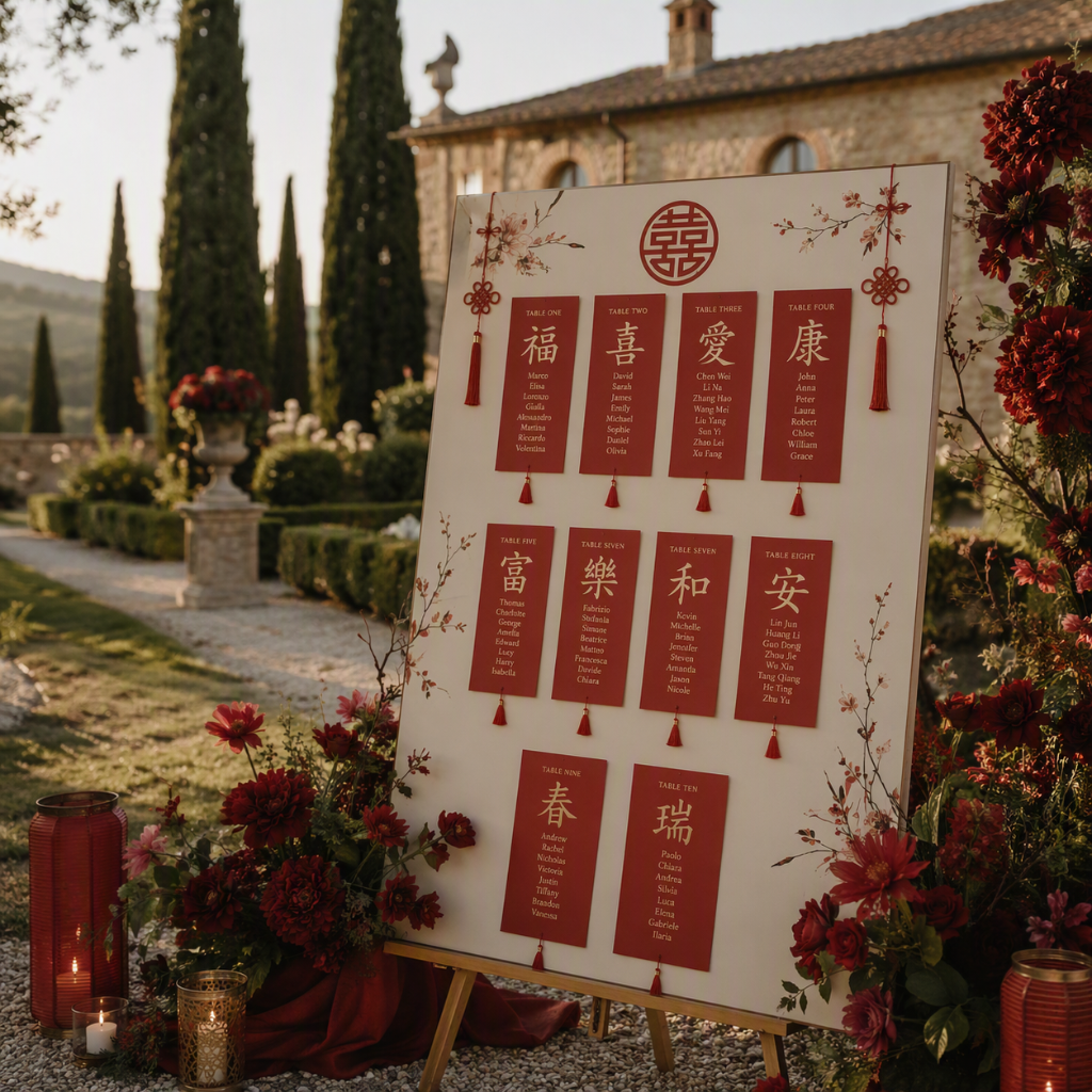 Chinese style tableau de mariage in a Tuscan rustic villa