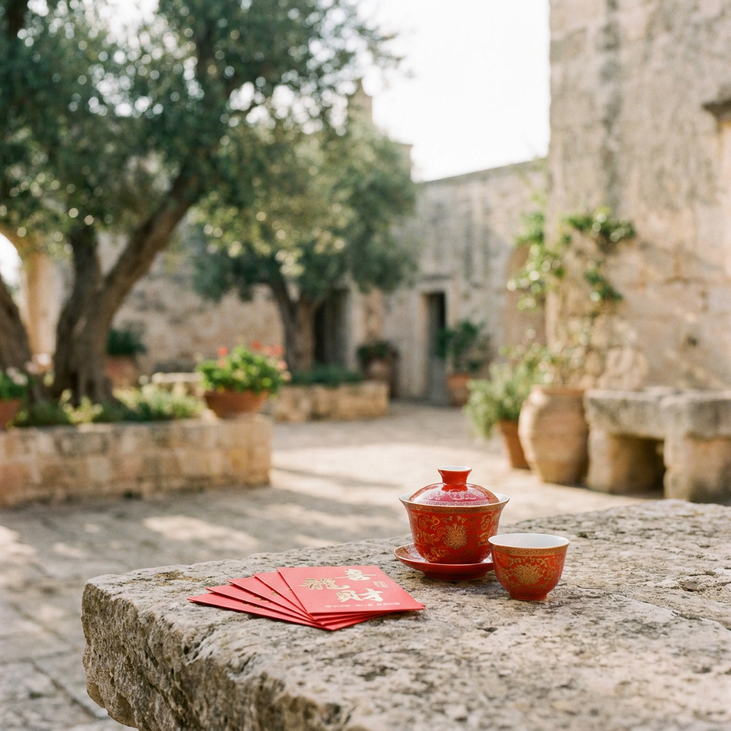 Chinese tea cup and cards in a rustic garden in Tuscany