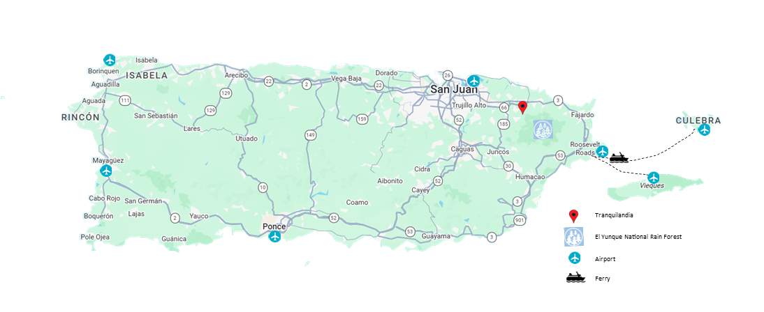 Map of the island of Puerto Rico showing cities and airports, with two red location markers.