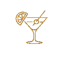 Stylized line drawing of a cocktail glass with an orange slice and a cherry.