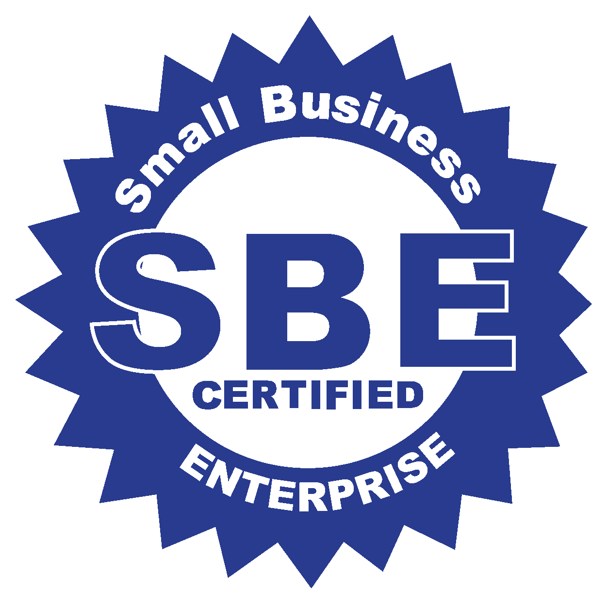 Blue badge with white text and a jagged edge, displaying 'Small Business SBE Certified Enterprise'.
