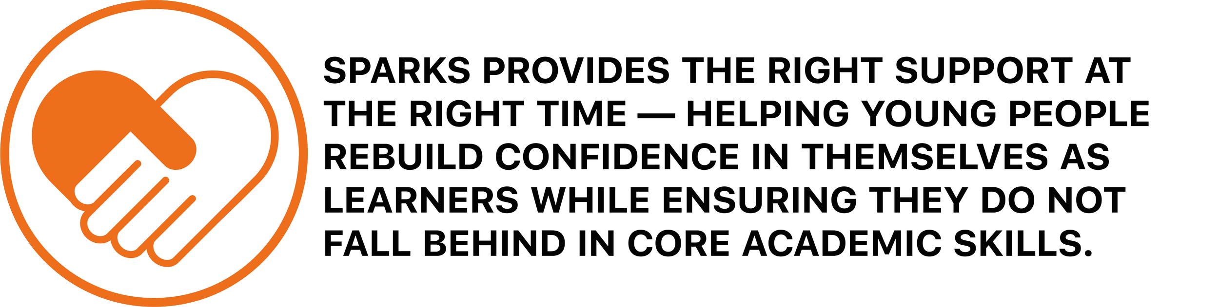 A graphic with an orange outline of two hands shaking, symbolizing support, followed by a block of text emphasizing the importance of timely support from Sparks to help young learners rebuild confidence and master core academic skills.