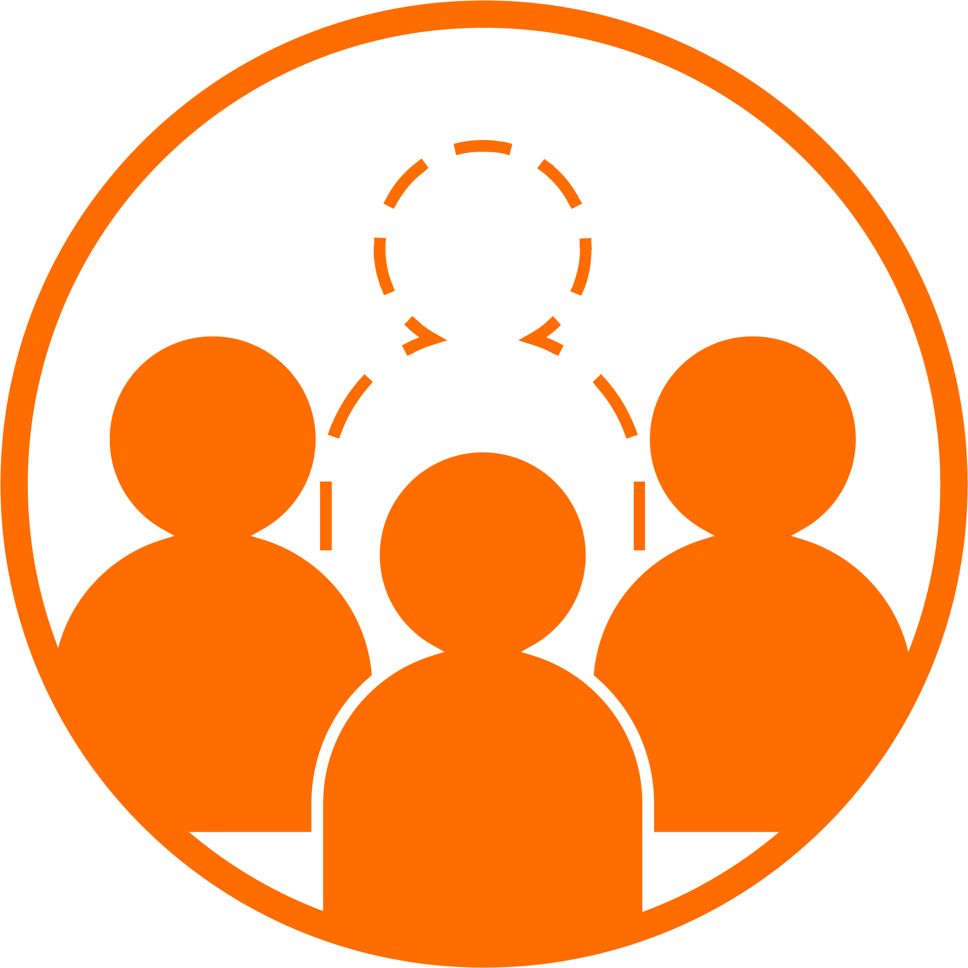 A graphic illustration of multiple orange human icons arranged around a circular, double-sided arrow, representing teamwork or collaboration.