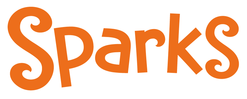 The word "Sparks" written in orange, playful, comic-style font with a white outline and black background.