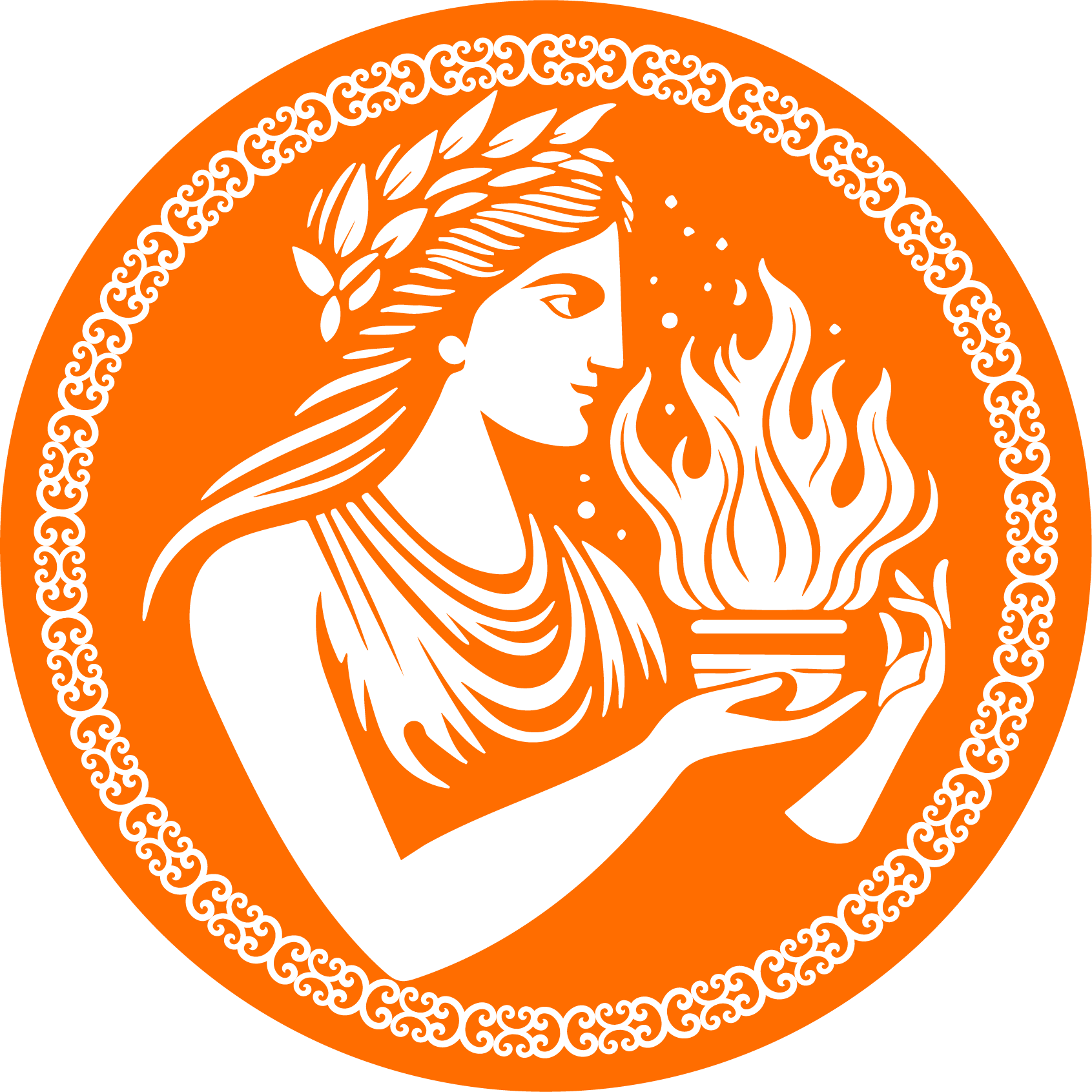 A stylized illustration of a woman with long hair, wearing a laurel wreath, in profile. She is holding a bowl or cup with fire or flames emerging from it. The background is orange with a decorative border.