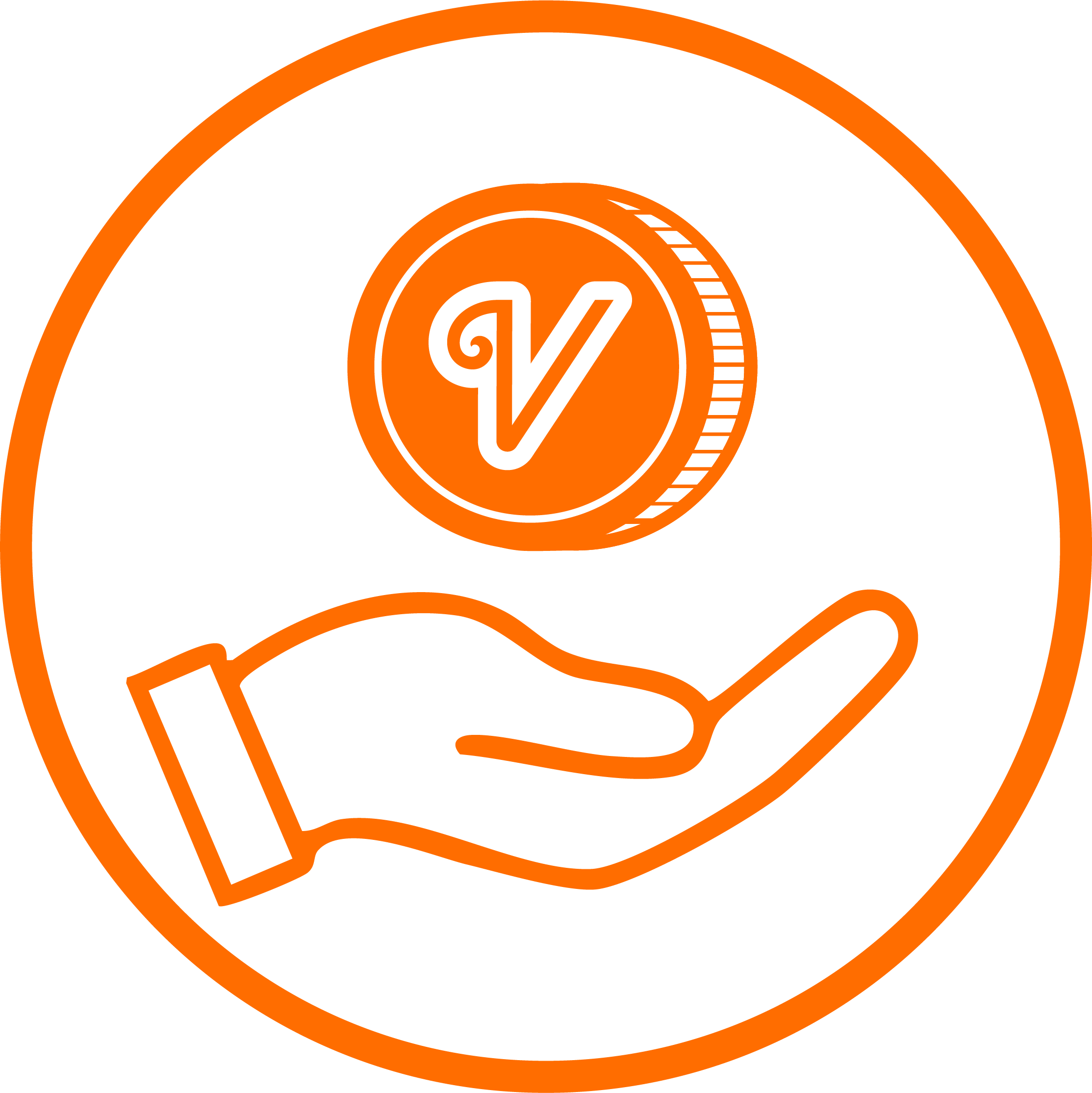 Close-up of a circular logo with an orange border, featuring a stylized white hand holding a small orange circle with an orange check mark and the word 'VOTE' in orange.