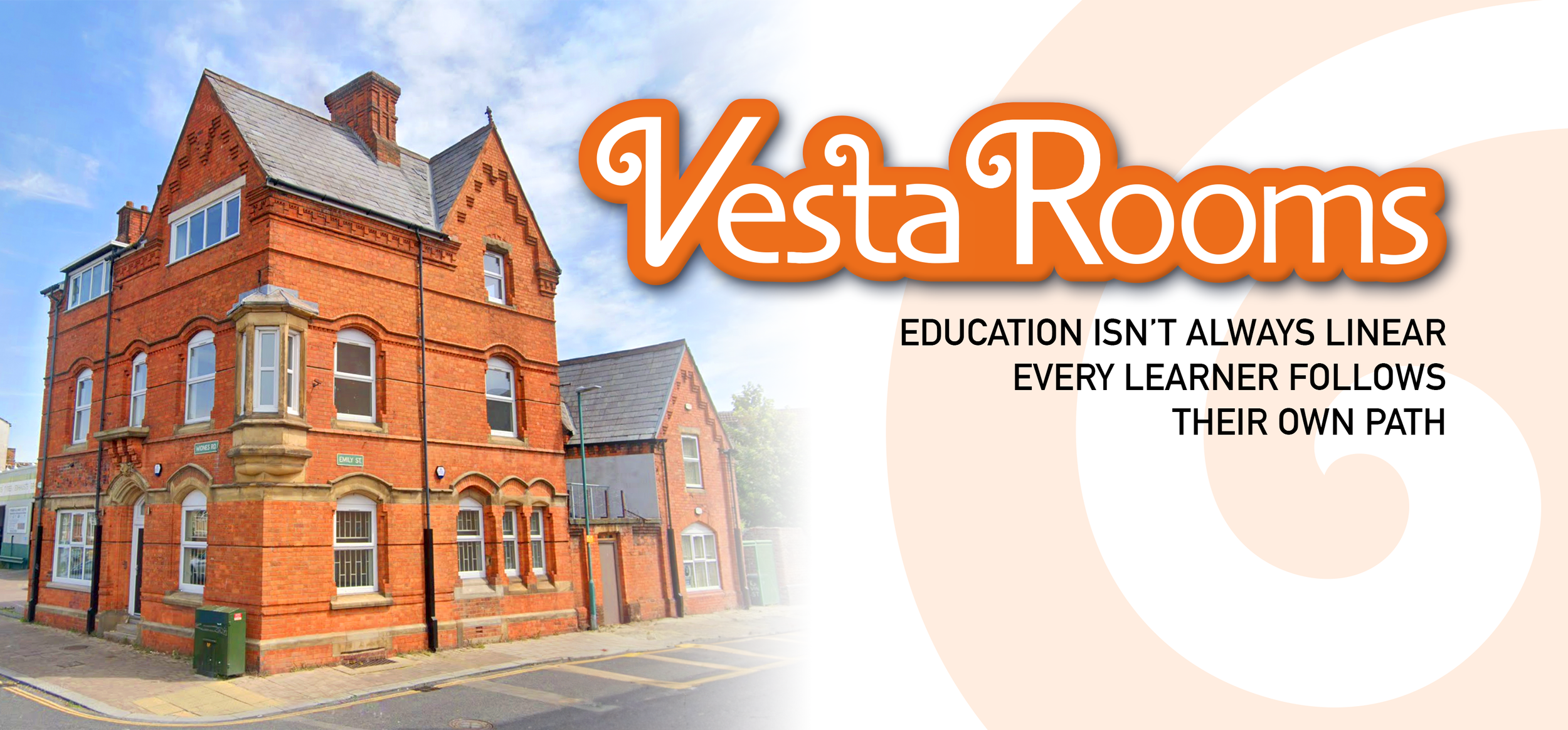 An illustration with an image of a red brick Victorian-style building with multiple windows and a chimney, and text that reads 'Vesta Rooms' in large orange font, with a subtitle 'Education isn't always linear, every learner follows their own path' in smaller black font.
