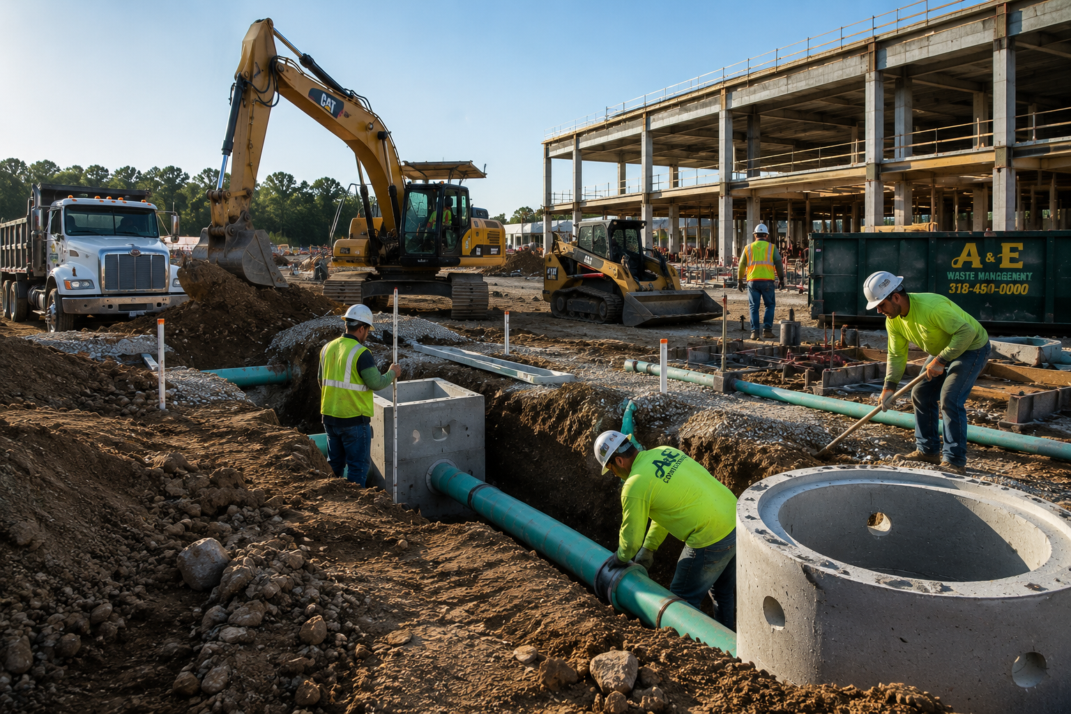 Construction workers install underground piping at a building site, with machinery and a partially built structure in the background.