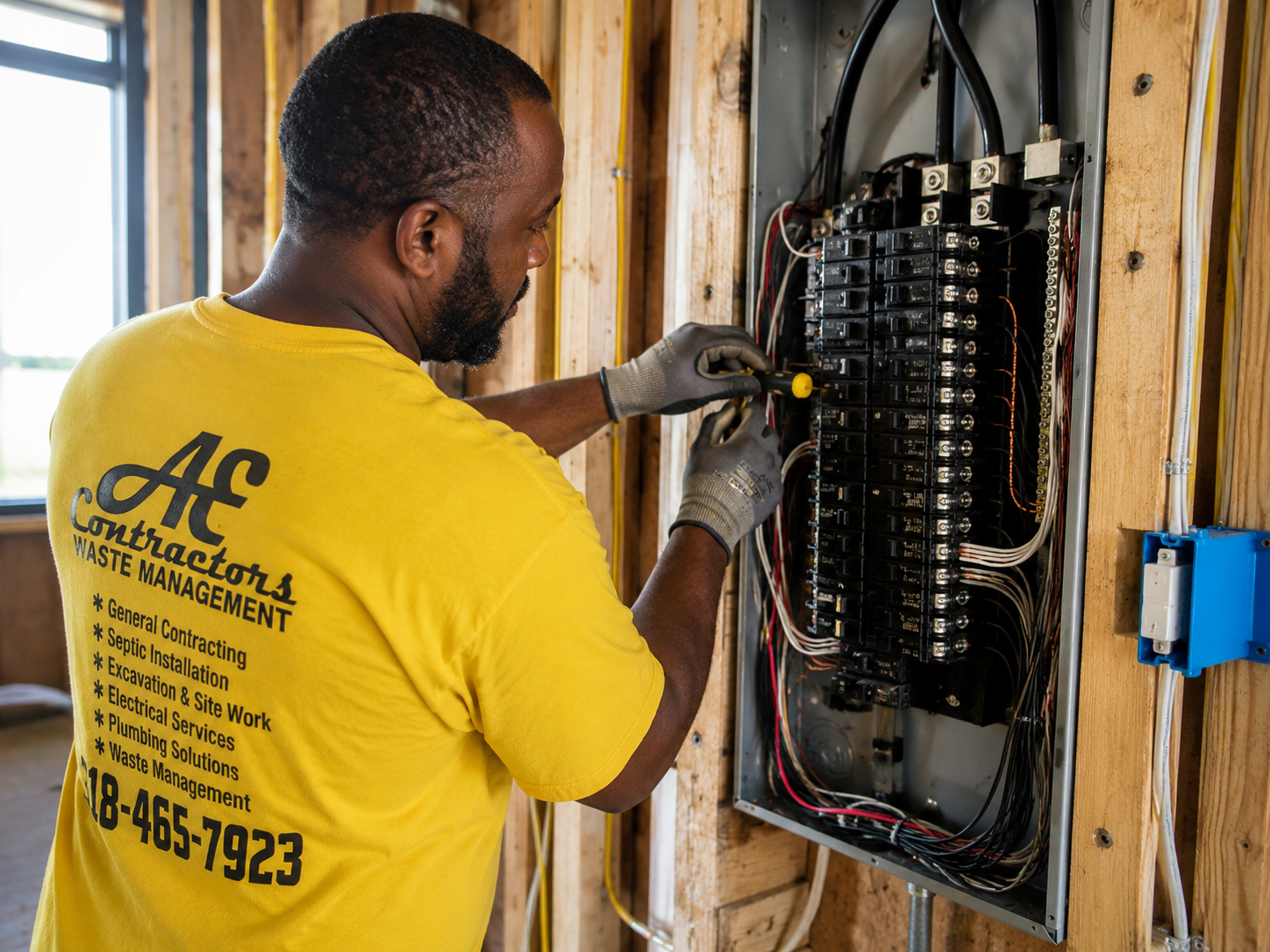 A man working on an electrical panel, wearing a yellow shirt and gray gloves, inside a wooden construction site.