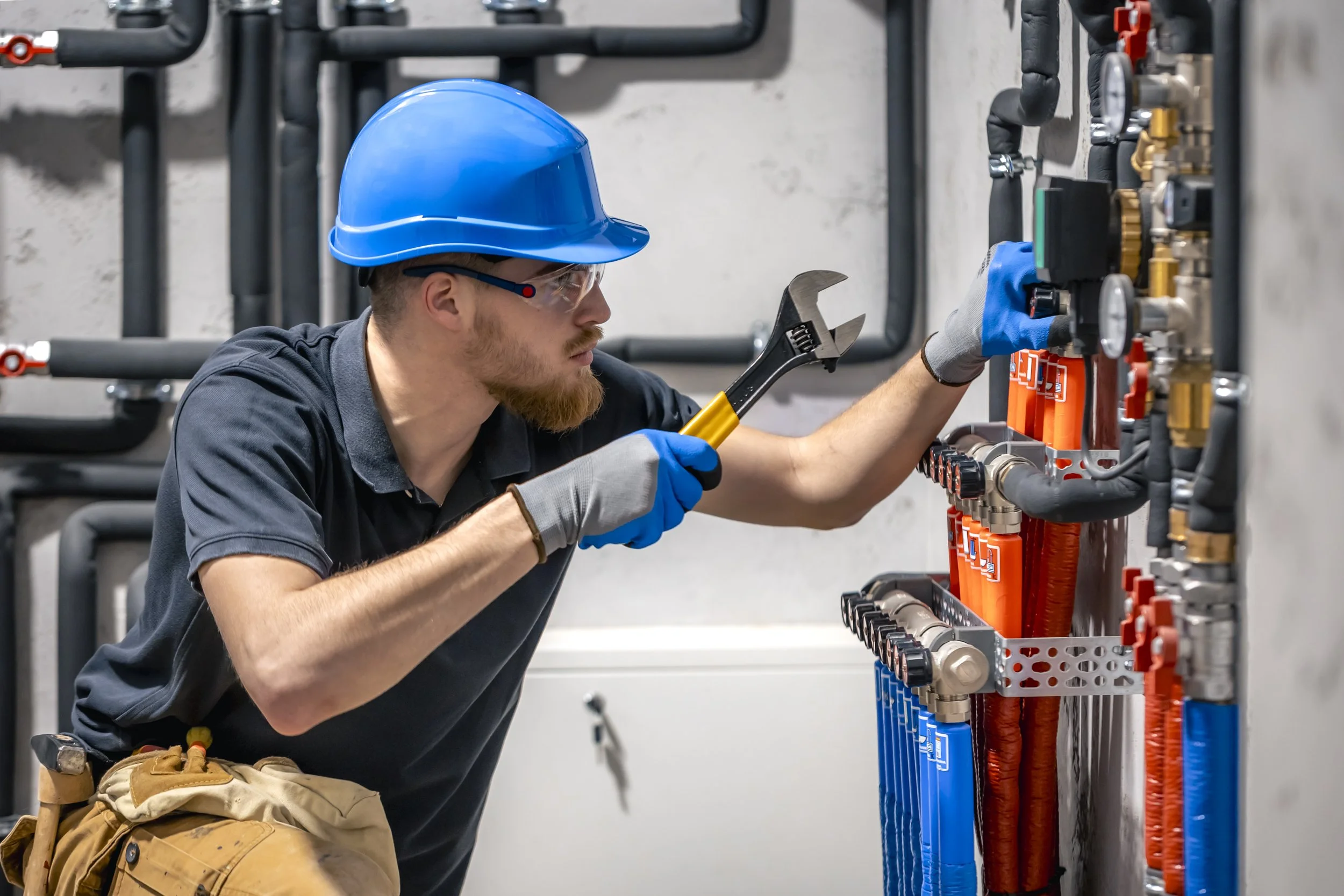 Electrician wearing a blue safety helmet and gloves working on an electrical panel with various wires and connectors.