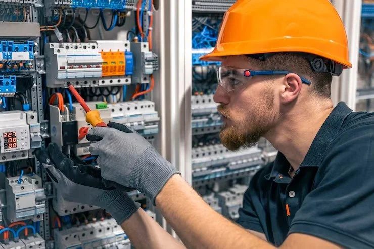 Technician working on electrical control panel, wearing safety helmet, gloves, and safety glasses.