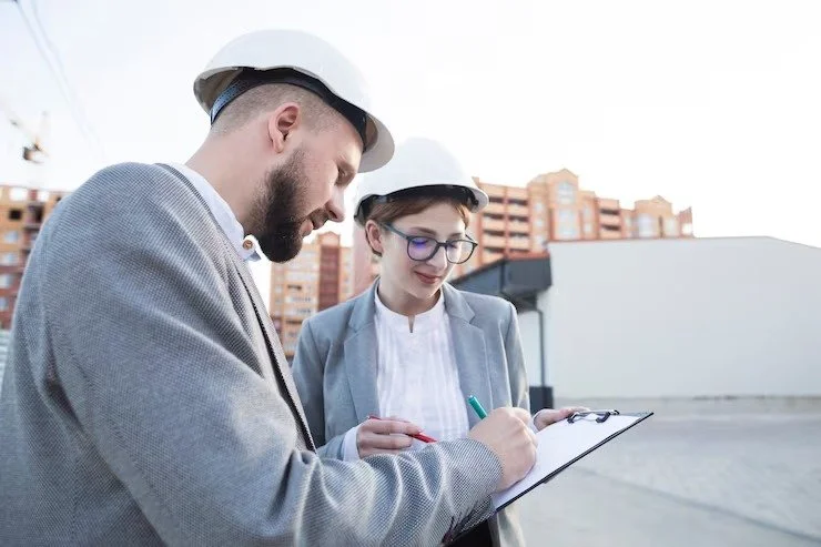 Two construction professionals in hard hats reviewing documents on a clipboard at a construction site with an urban background.