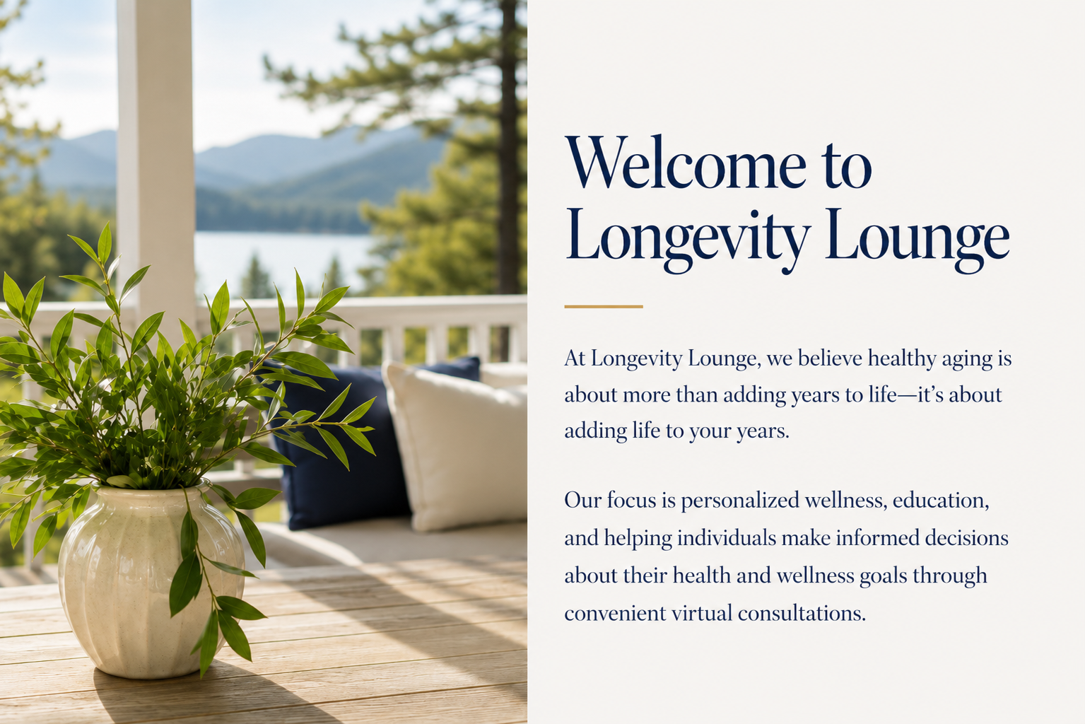 A welcoming sign for the Longevity Lounge, with a background view of a porch with a potted green plant, pillows, and mountains near a body of water.