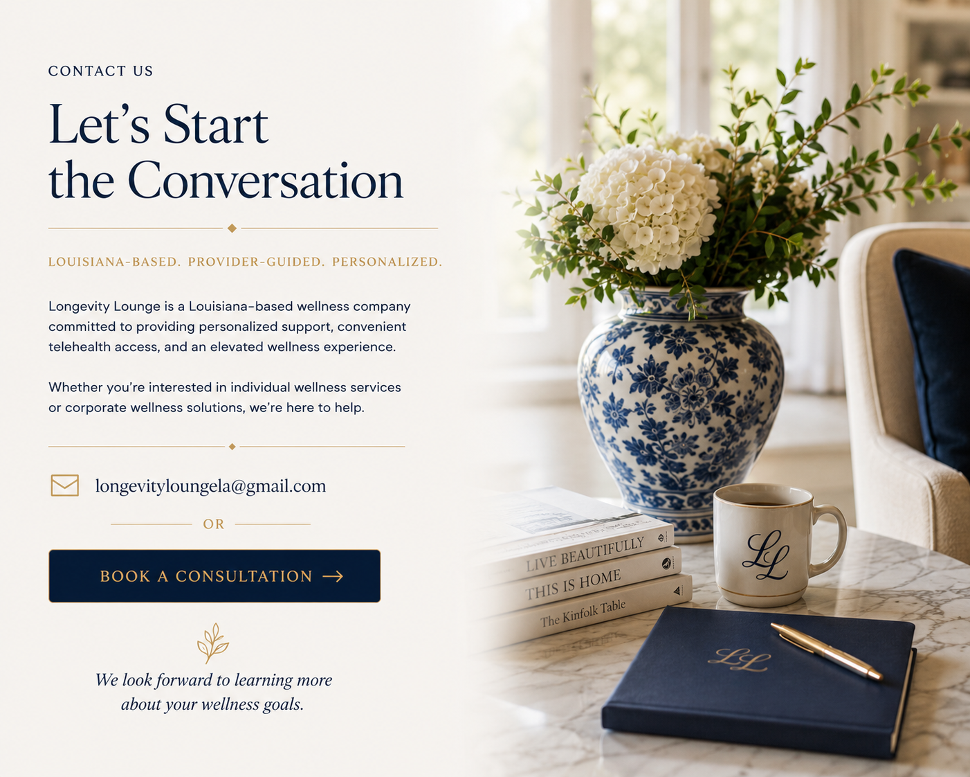 A webpage for a wellness company's contact information featuring a white and blue floral vase with white hydrangeas, a white mug with initials 'LL', a navy notebook with gold pen, and books on a marble table, with a cozy room background.