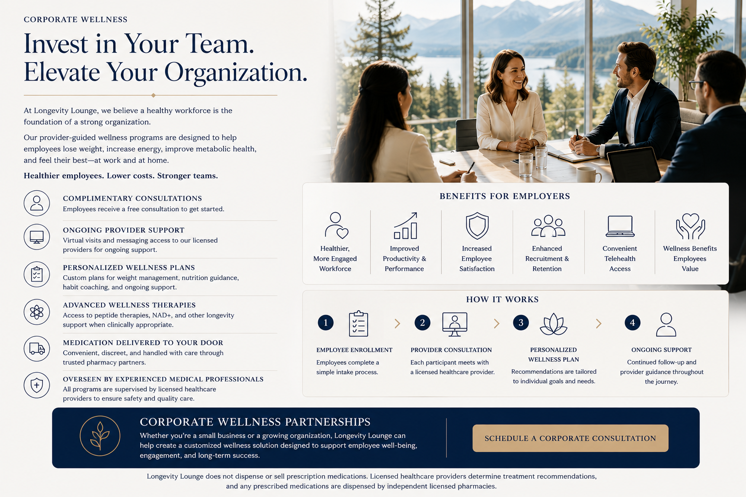 A business meeting with four diverse professionals in a bright conference room with a scenic mountain view, engaged in discussion.