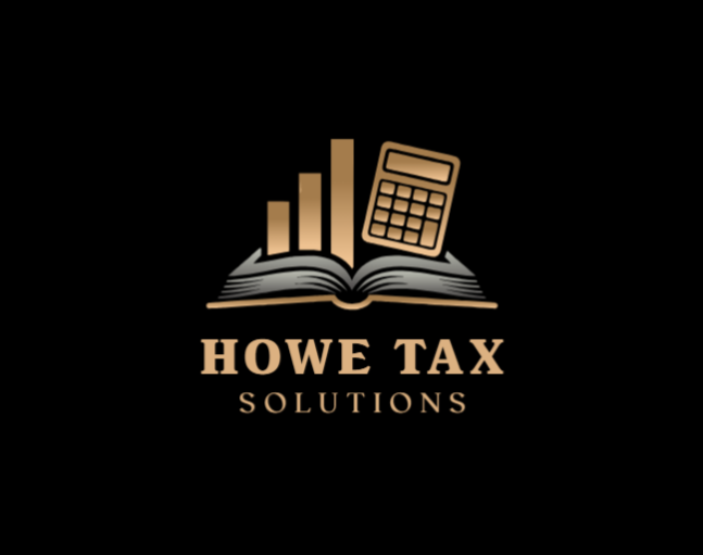 Logo for Howe Tax Solutions featuring a bar chart, calculator, and open book, with the business name below.