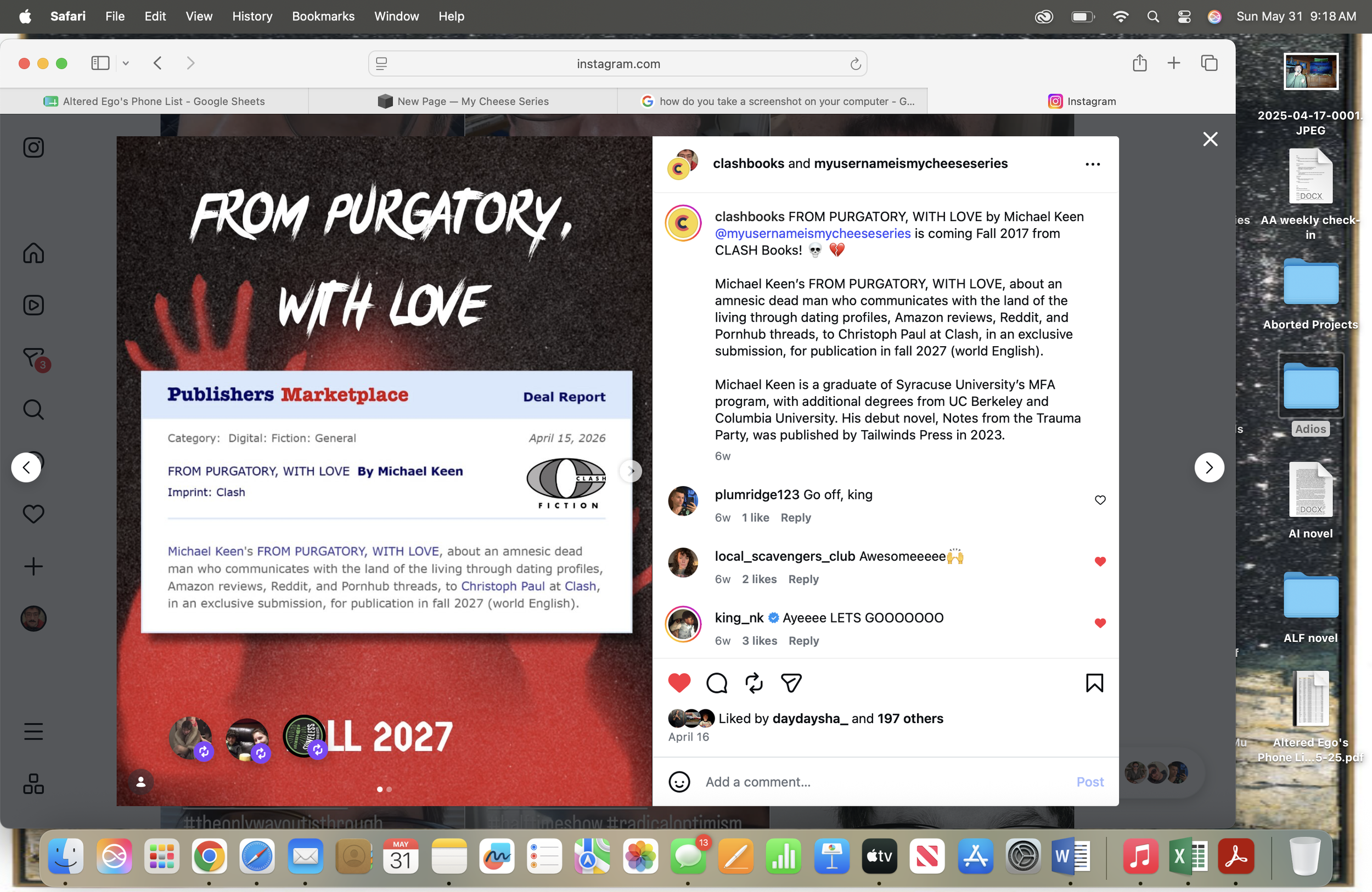 Instagram post with the text 'From Purgatory, With Love' by Michael Keen, announcing his upcoming novel 'FROM PURGATORY, WITH LOVE,' to be published in fall 2027 by Clash Books. The post includes a brief description of the story and author background, with a dark, textured background and red handprint graphics.