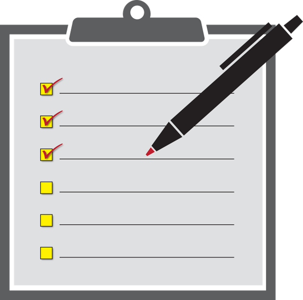 A checklist on a clipboard with three items marked with red checkmarks and three empty boxes, a black and red pen resting on the paper.