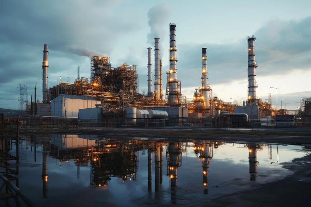 Industrial refinery with multiple tall smokestacks emitting smoke, reflected in a water pool in the foreground.