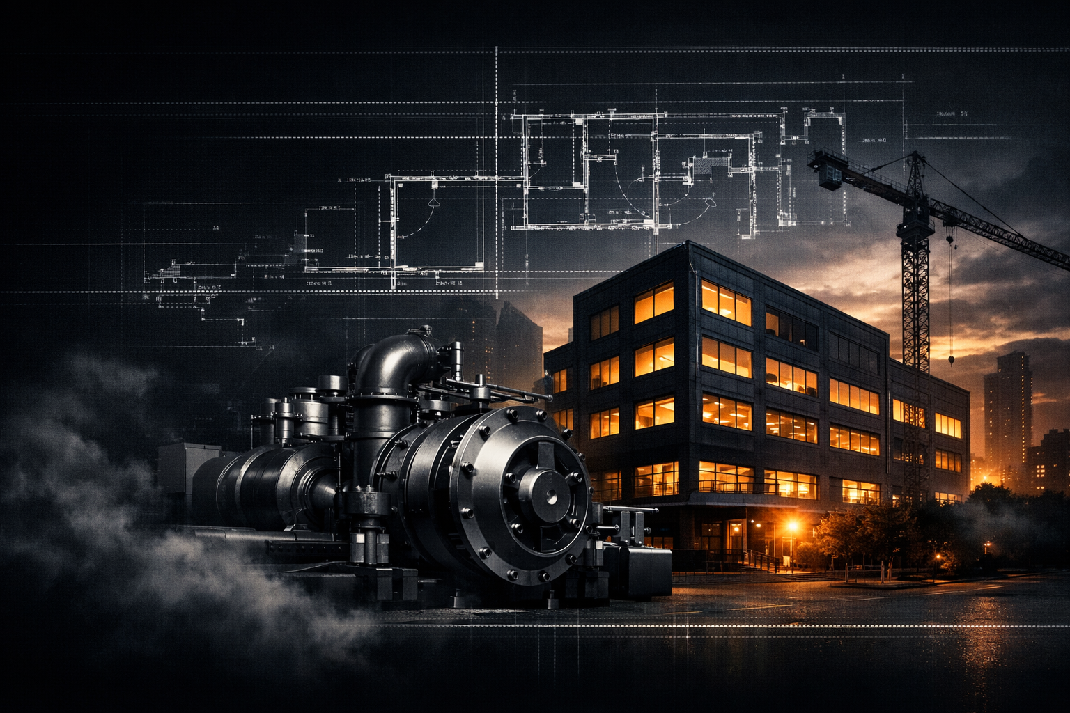 A cityscape at dusk with a modern office building illuminated from within, a construction crane, and an industrial machine in the foreground. Architectural blueprints are overlaid in the sky above.