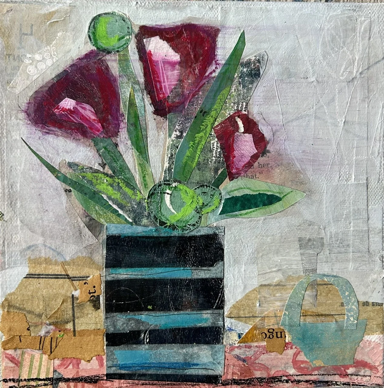 "Pink Flowers in Blue Striped Vase" (8" x 8")