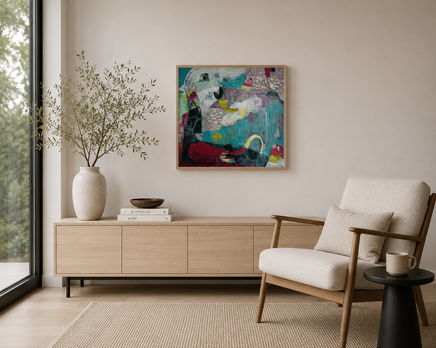 Modern living room with a beige armchair, a side table with a coffee mug, a light wood console table with decorative items, a large abstract painting, and a tall vase with greenery by a glass door.