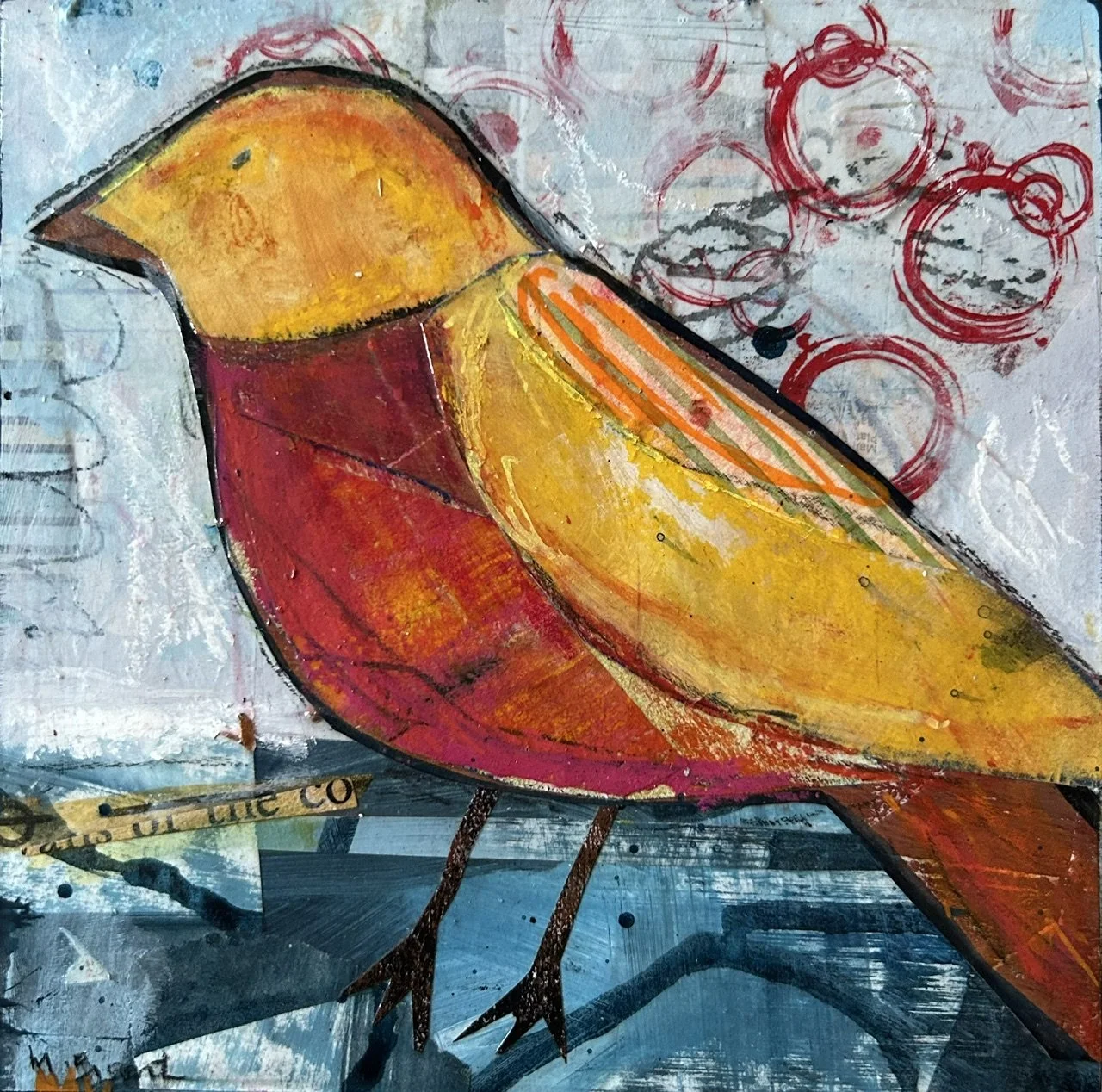 A colorful abstract painting of a bird with yellow, orange, and red hues, set against a textured background with red circular sketches and torn paper elements.