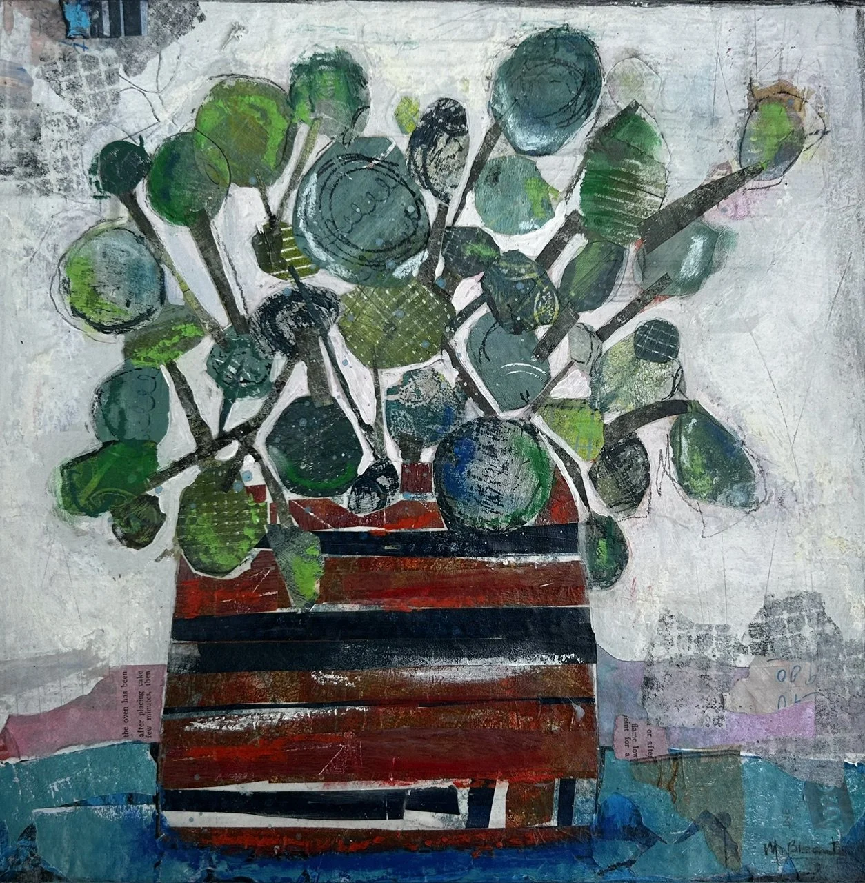 A collage-style painting of a potted plant with green leaves in a red and black striped pot on a textured surface.