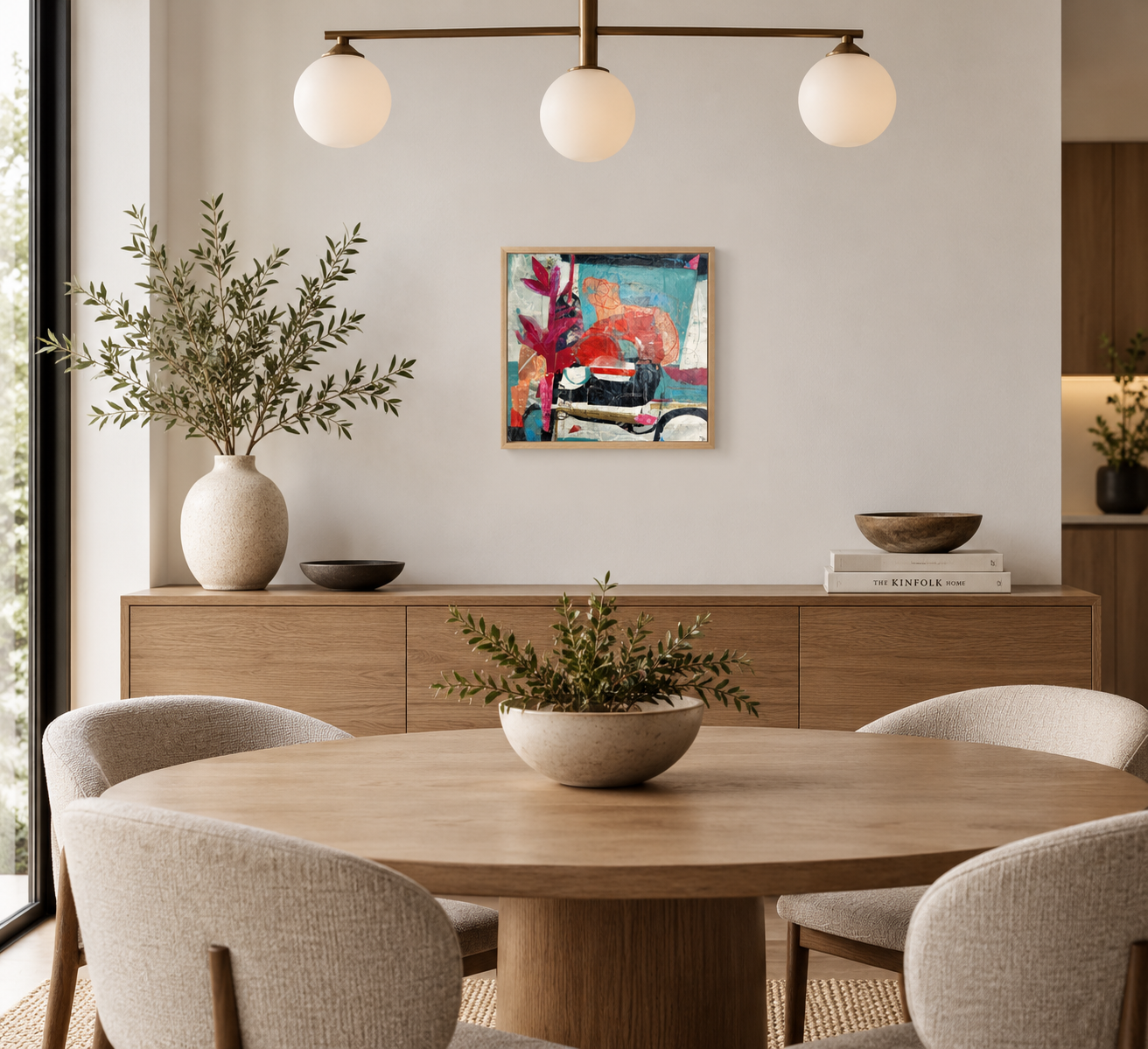 Decorative dining room with a round wooden table, four upholstered chairs, a sideboard with a large vase and plants, and a colorful abstract painting on the wall.